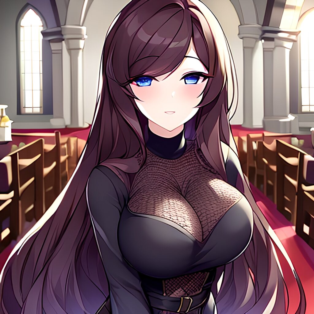 long hair woman messy hair brunette fishnet church 