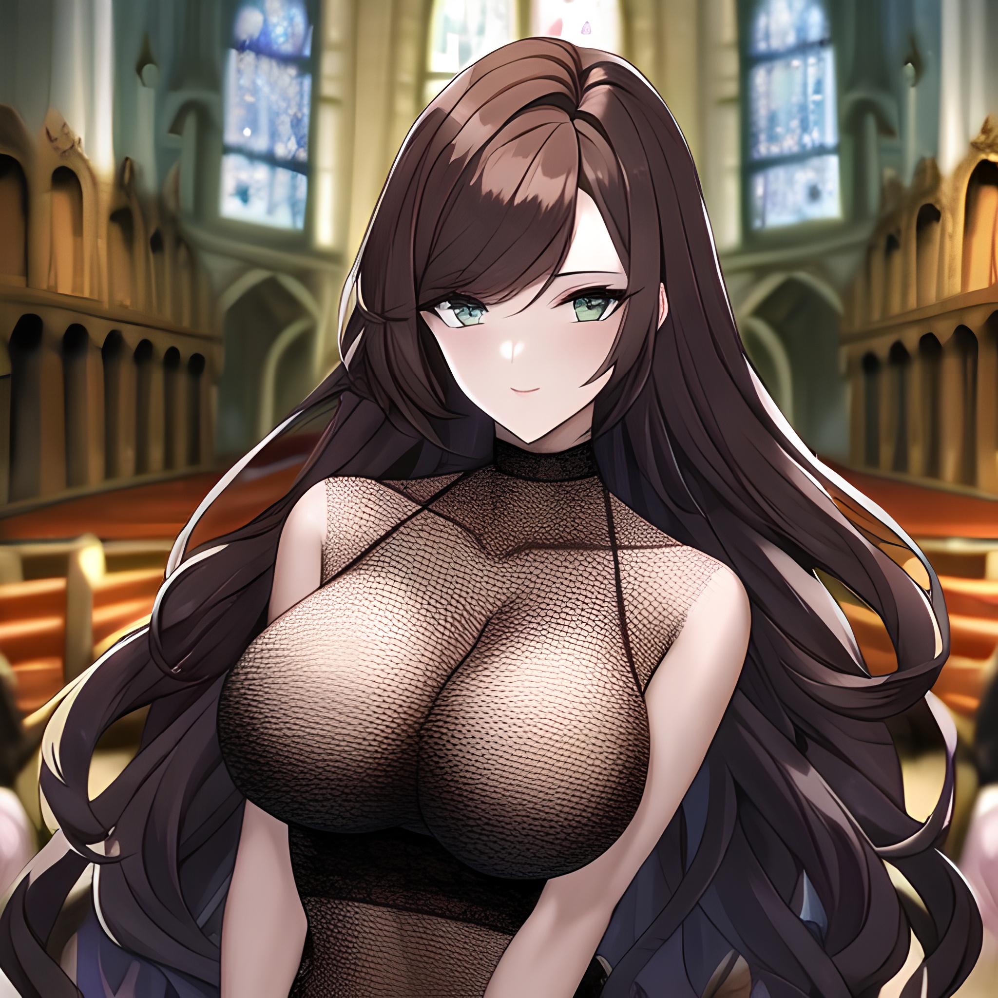 long hair woman messy hair church brunette fishnet 