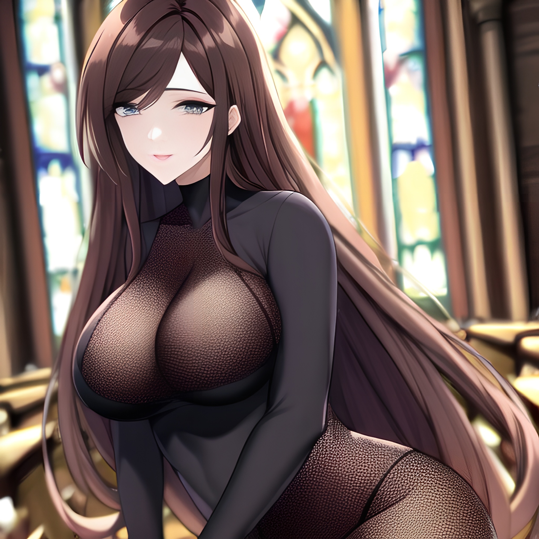 long hair woman messy hair church brunette fishnet 