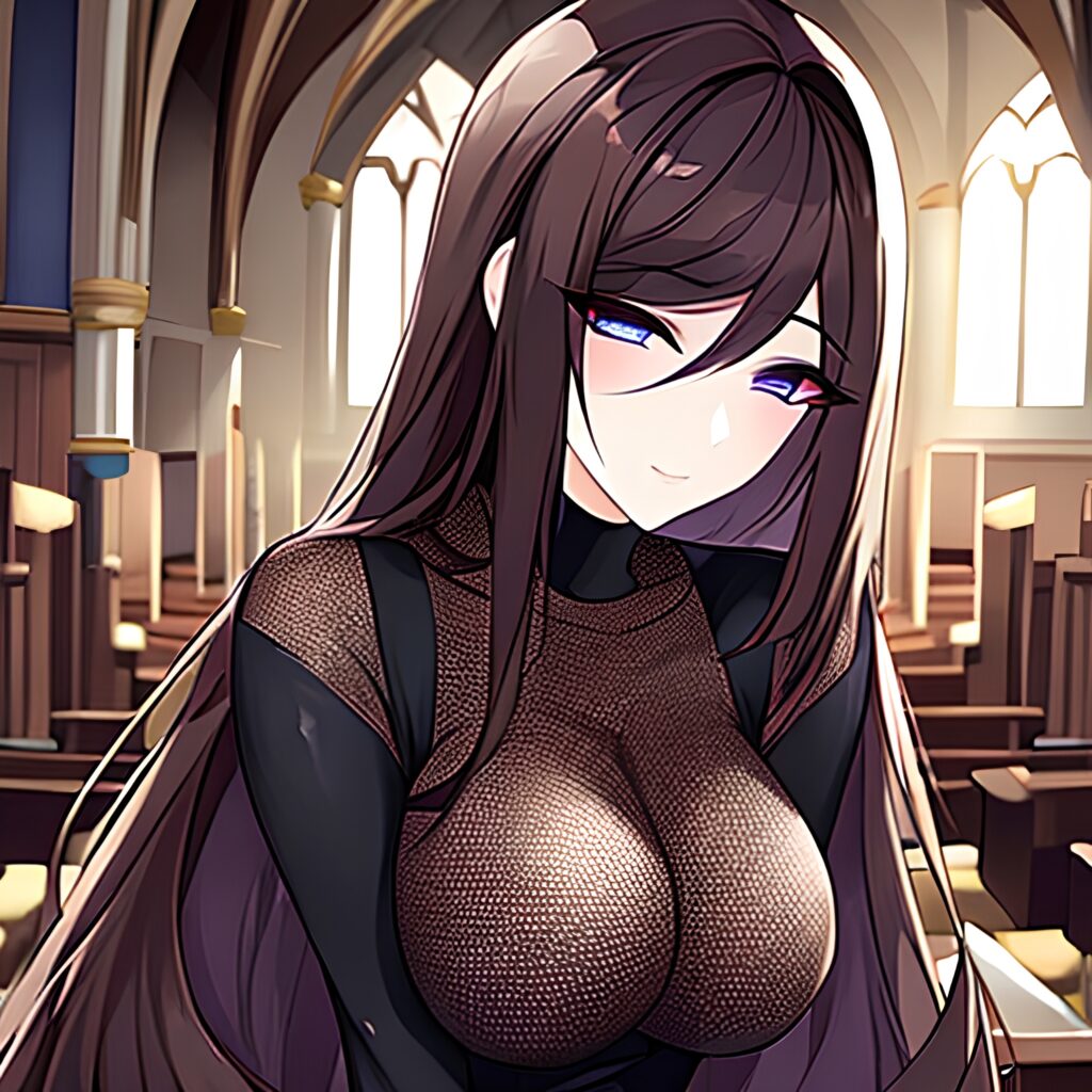 long hair woman messy hair church fishnet brunette 