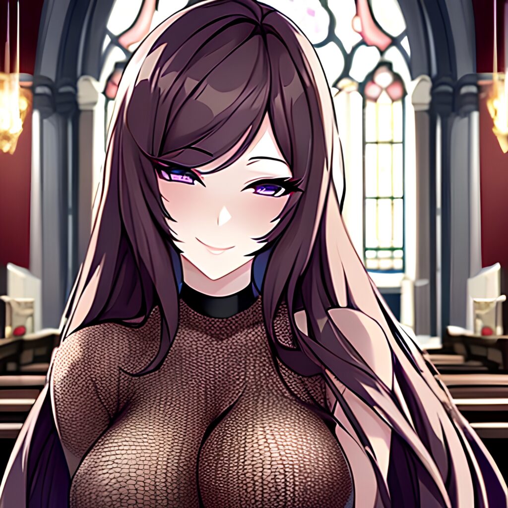 long hair woman messy hair fishnet brunette church 