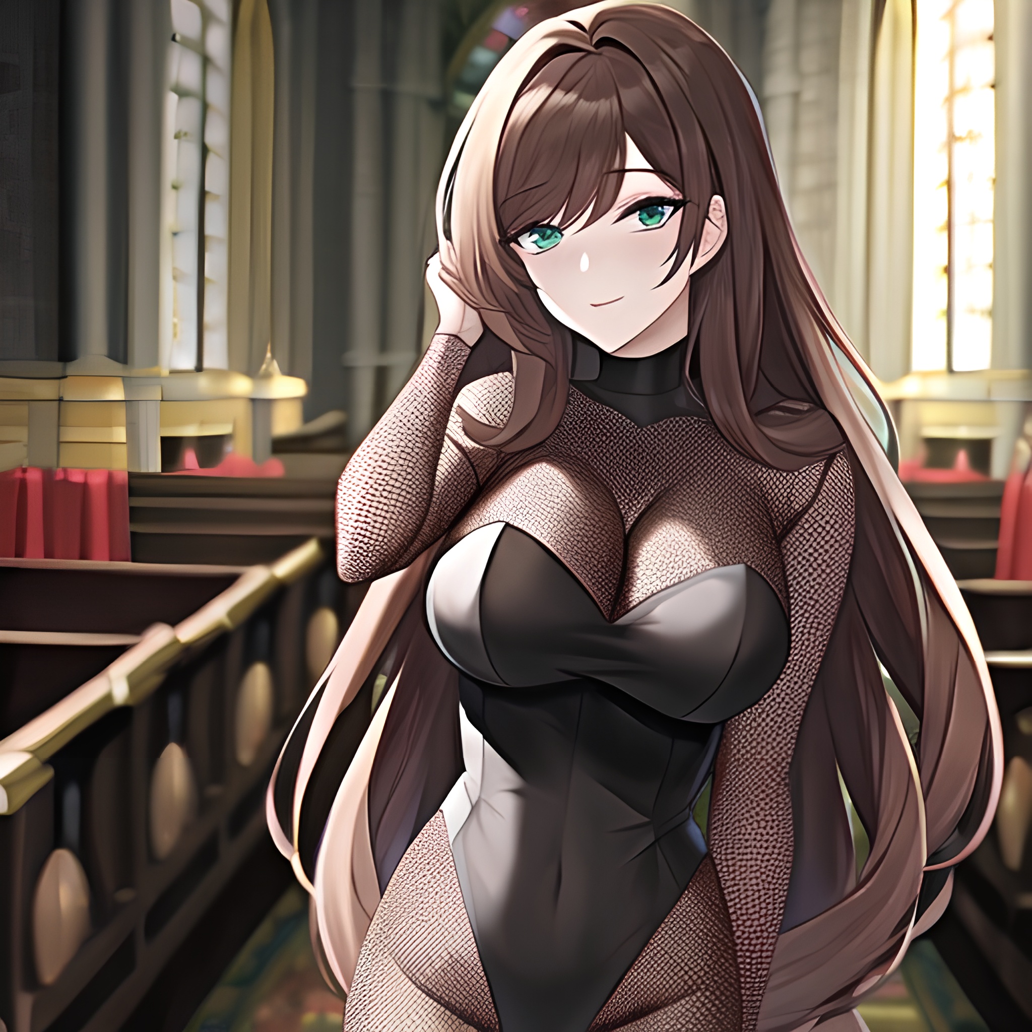 long hair woman messy hair fishnet brunette church 