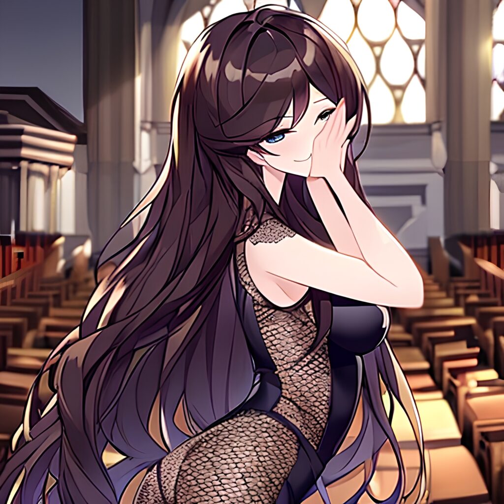 long hair woman messy hair fishnet brunette church 