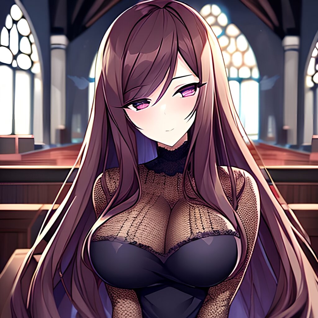 long hair woman messy hair fishnet brunette church 