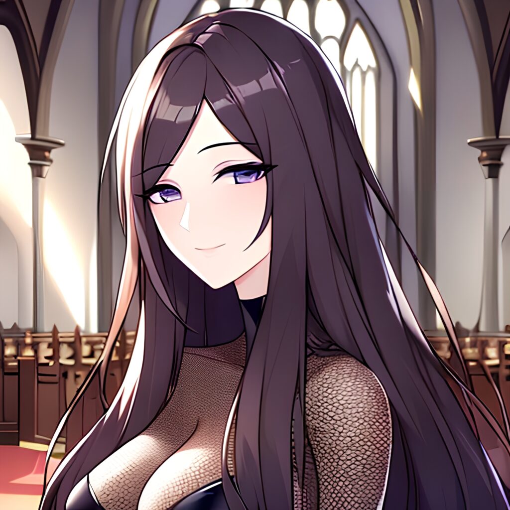 long hair woman messy hair fishnet brunette church 