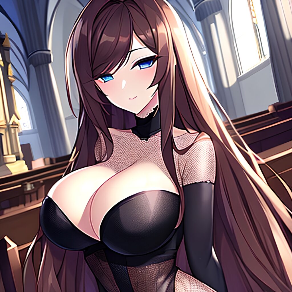 long hair woman messy hair fishnet brunette church 