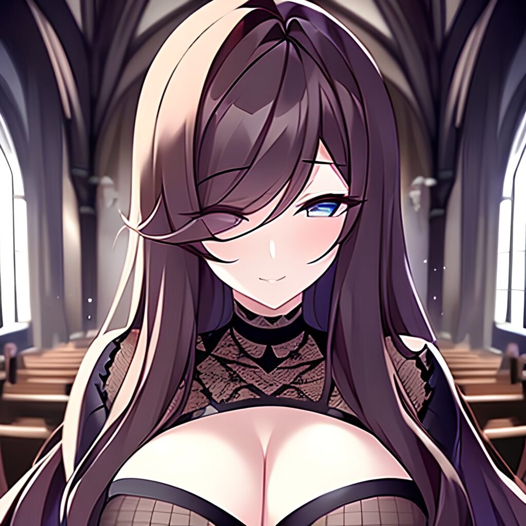 long hair woman messy hair fishnet brunette church