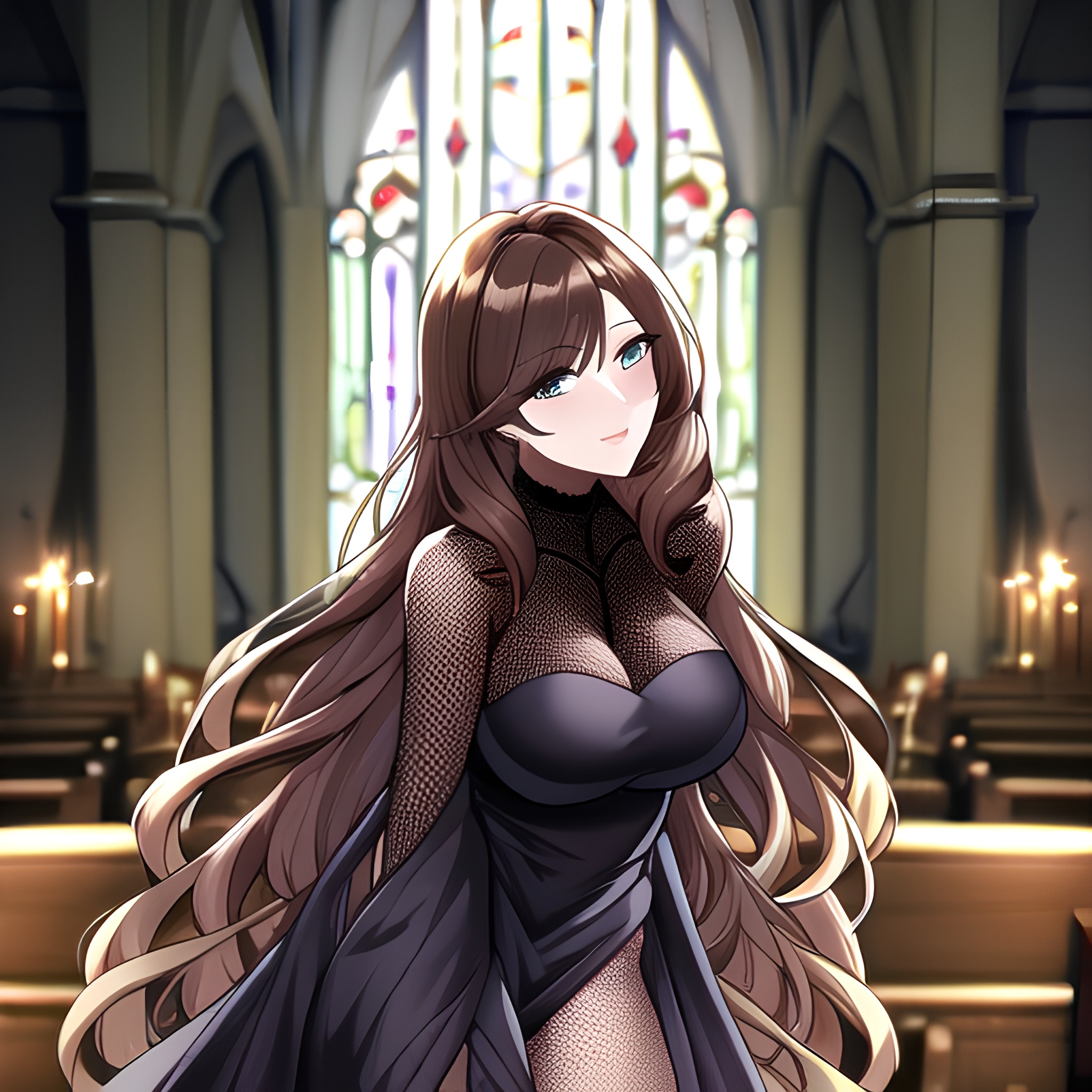 long hair woman messy hair fishnet church brunette 