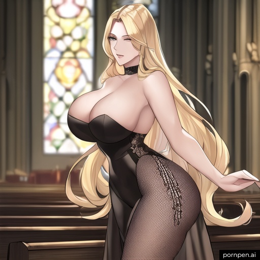 long hair woman small boobs church blonde fishnet nude front view