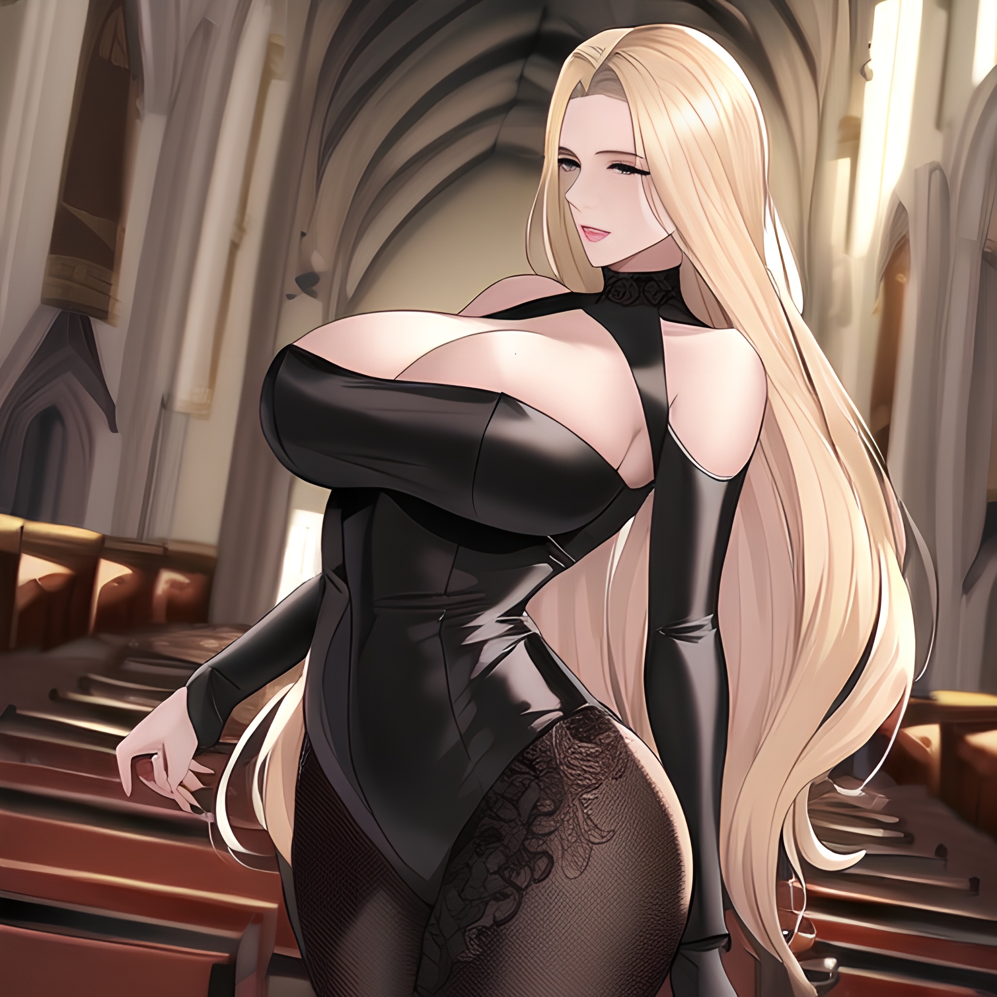 long hair woman small boobs nude blonde front view fishnet church 