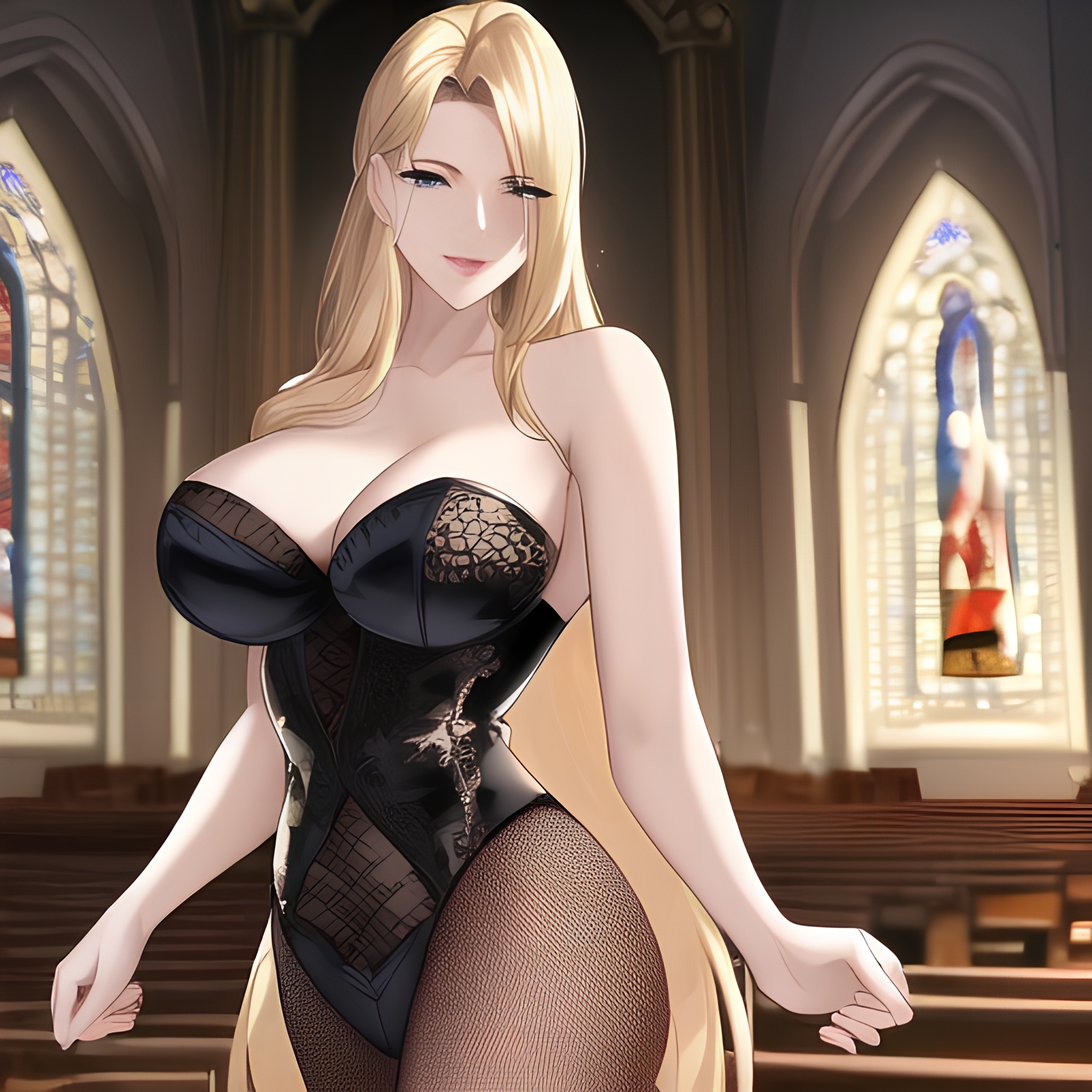 long hair woman small boobs nude church blonde front view fishnet 