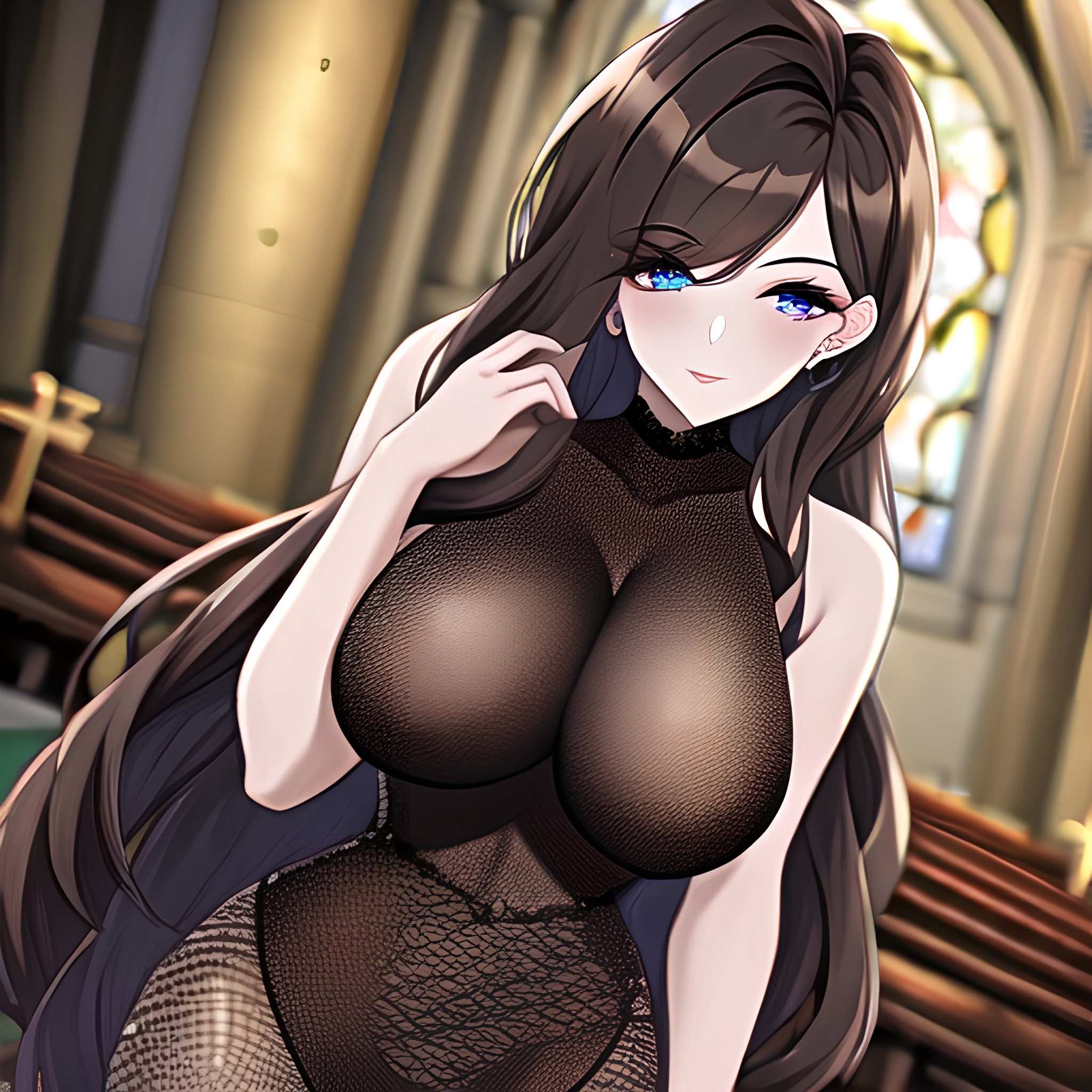 messy hair brunette church fishnet long hair woman 