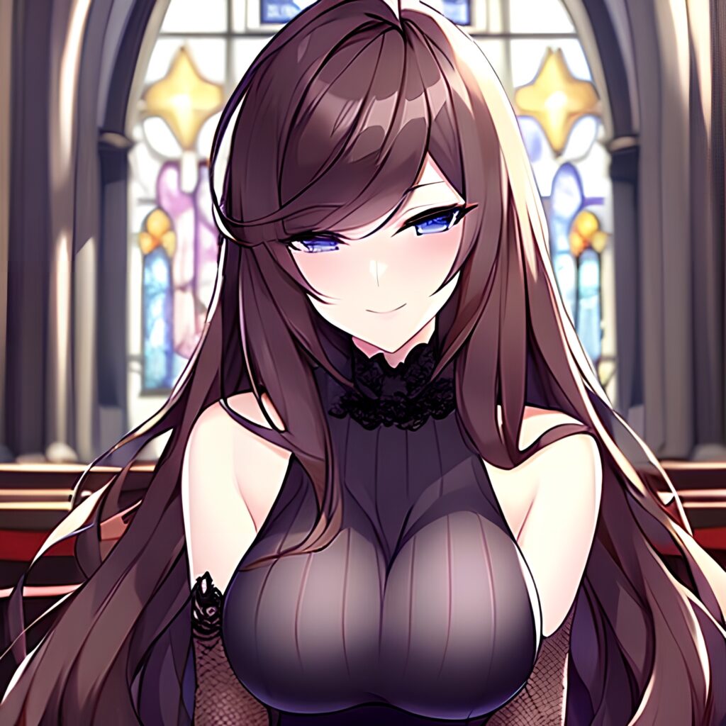 messy hair brunette church fishnet long hair woman