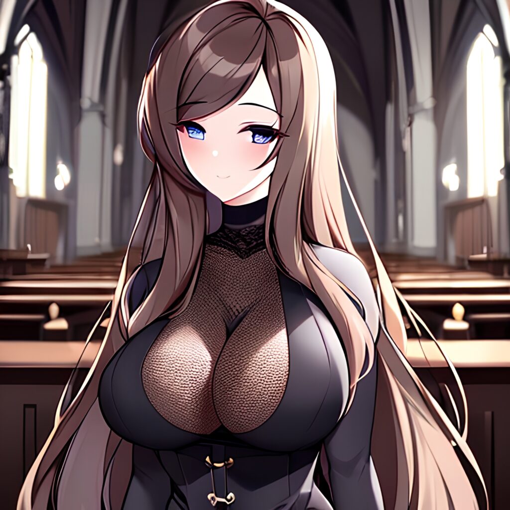 messy hair brunette church fishnet long hair woman 