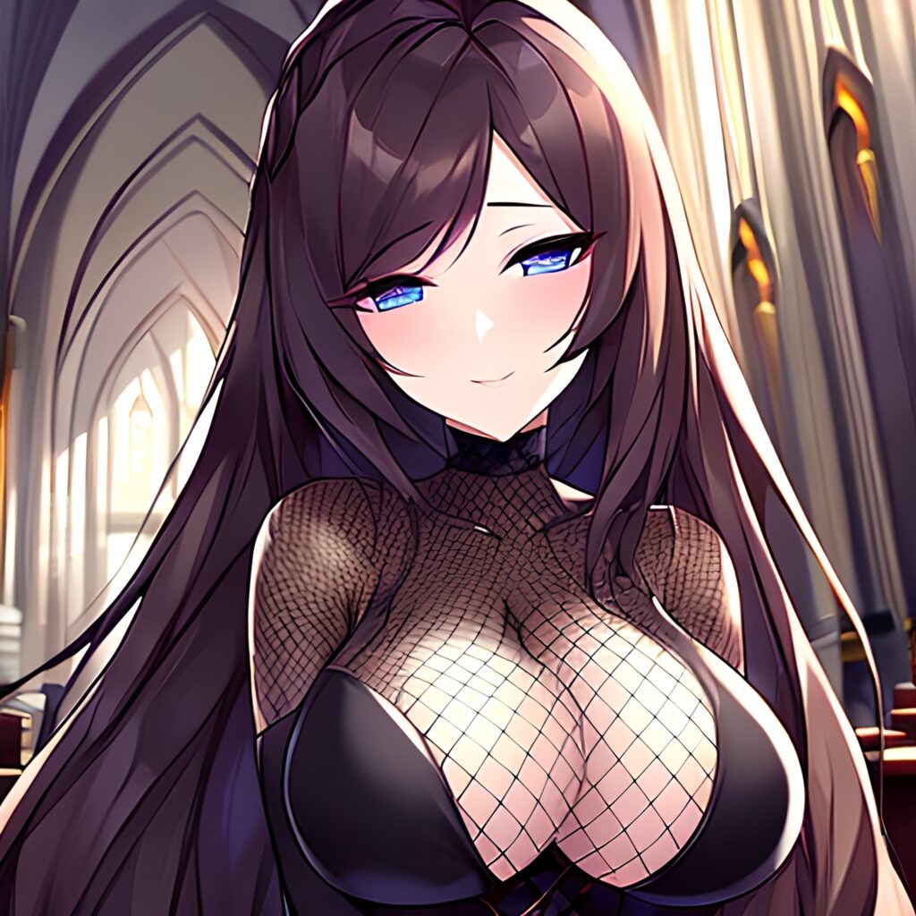 messy hair brunette church fishnet long hair woman 