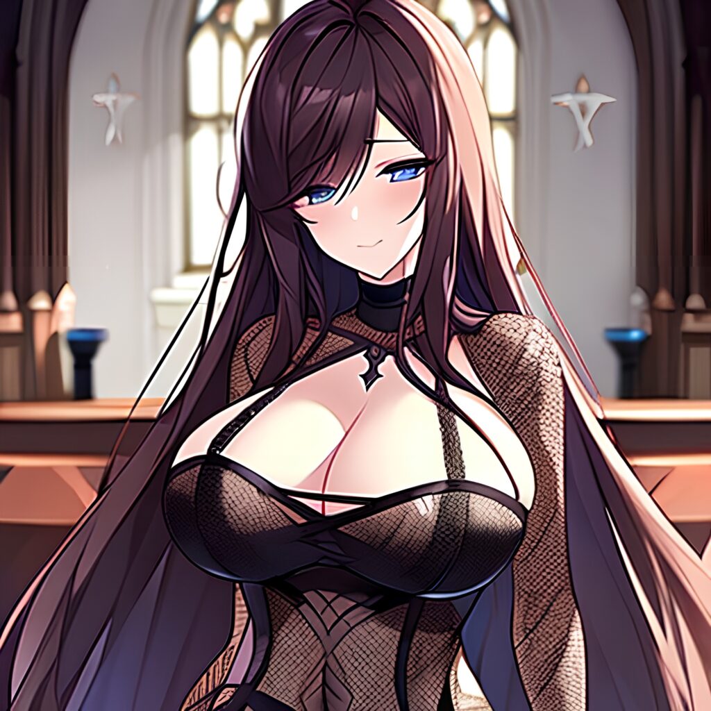 messy hair brunette church fishnet long hair woman 