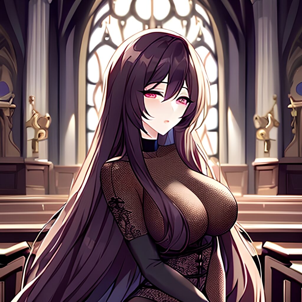 messy hair brunette church fishnet long hair woman 