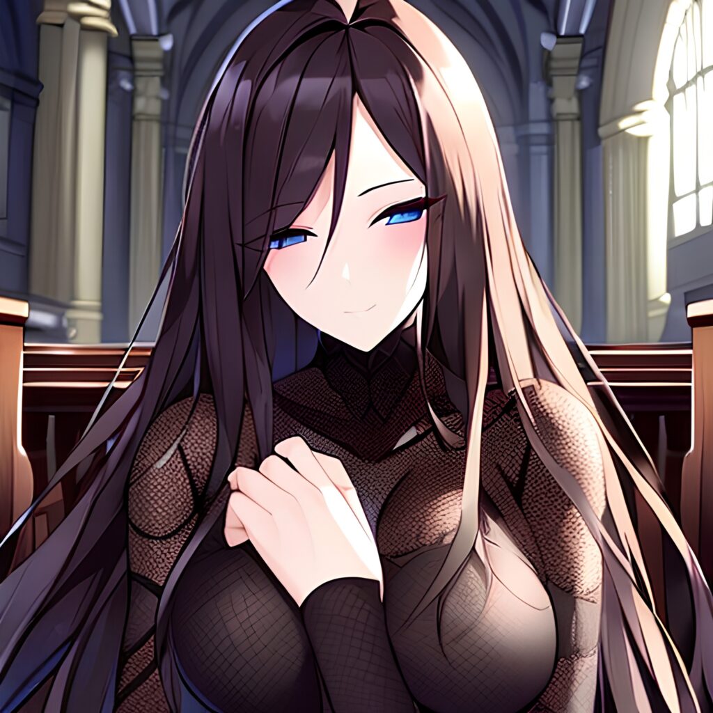 messy hair brunette church fishnet woman long hair 