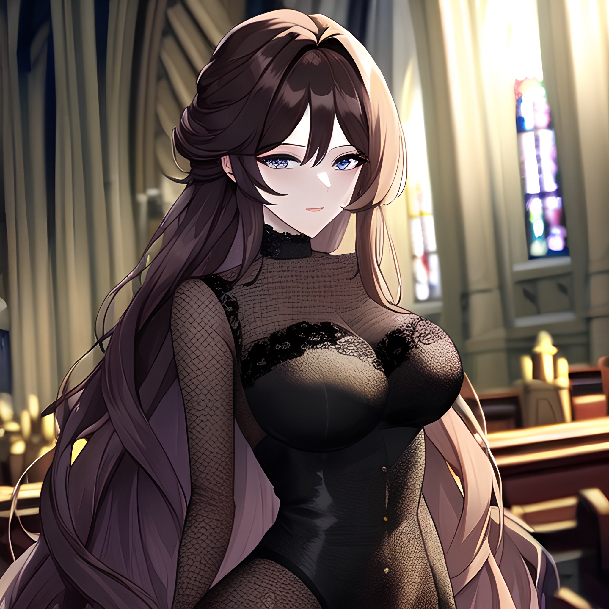 messy hair brunette church fishnet woman long hair 