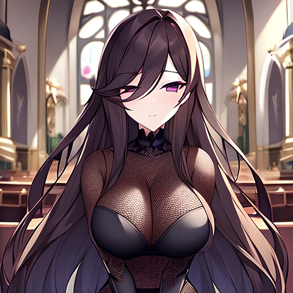 messy hair brunette church long hair fishnet woman 