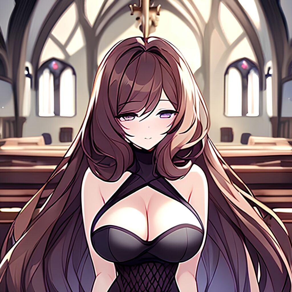 messy hair brunette church long hair fishnet woman 