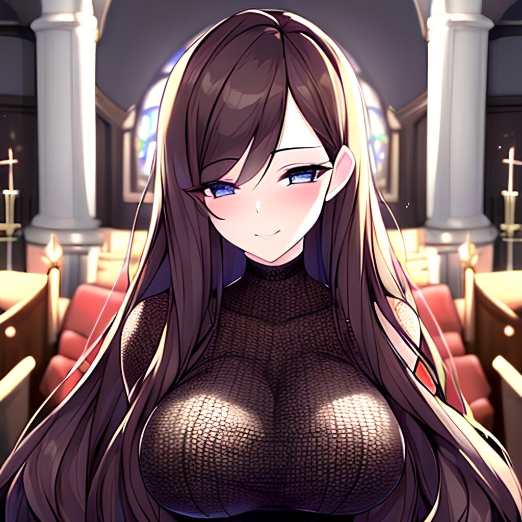 messy hair brunette church long hair woman fishnet 