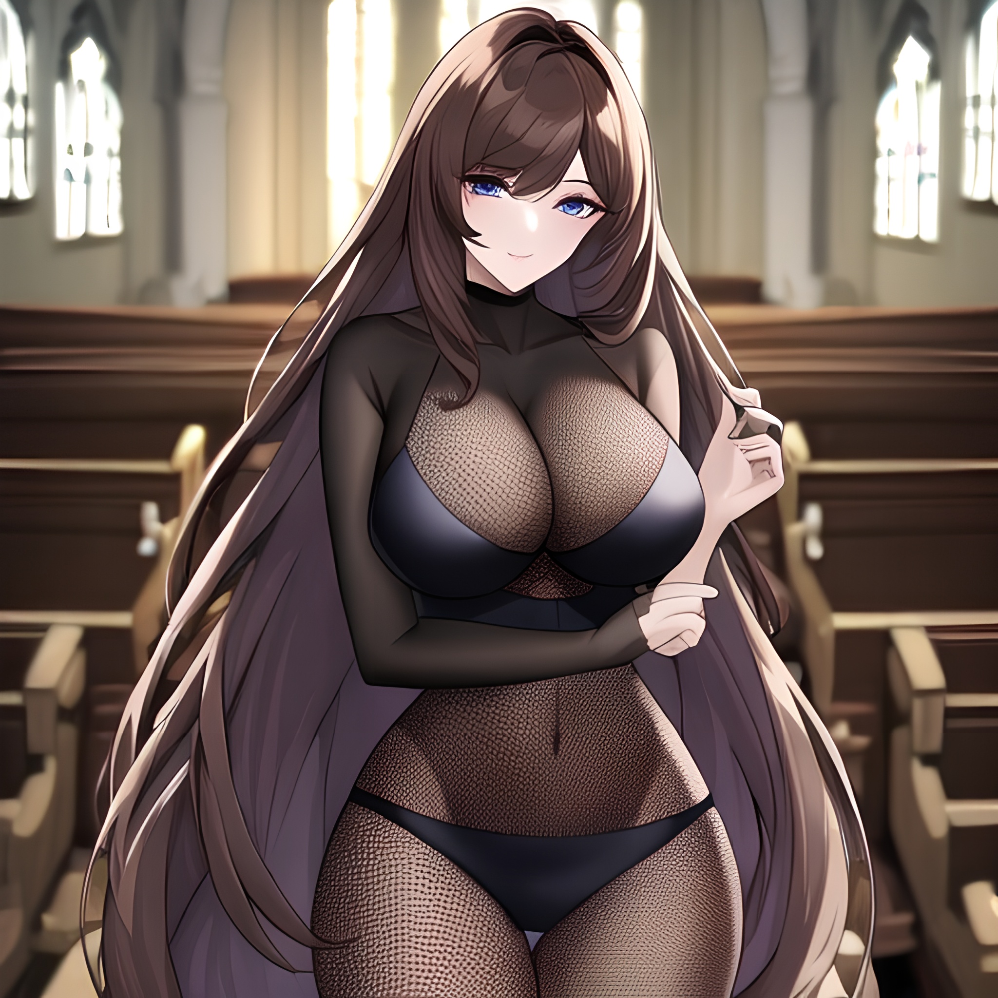 messy hair brunette church long hair woman fishnet 