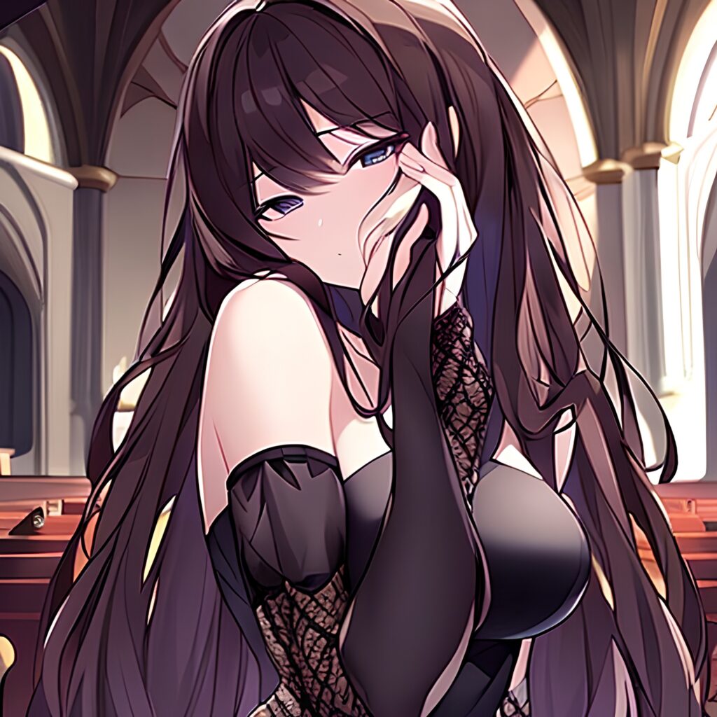 messy hair brunette church woman fishnet long hair 