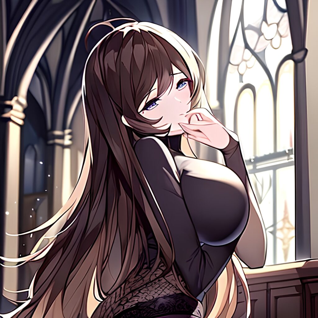 messy hair brunette church woman fishnet long hair 