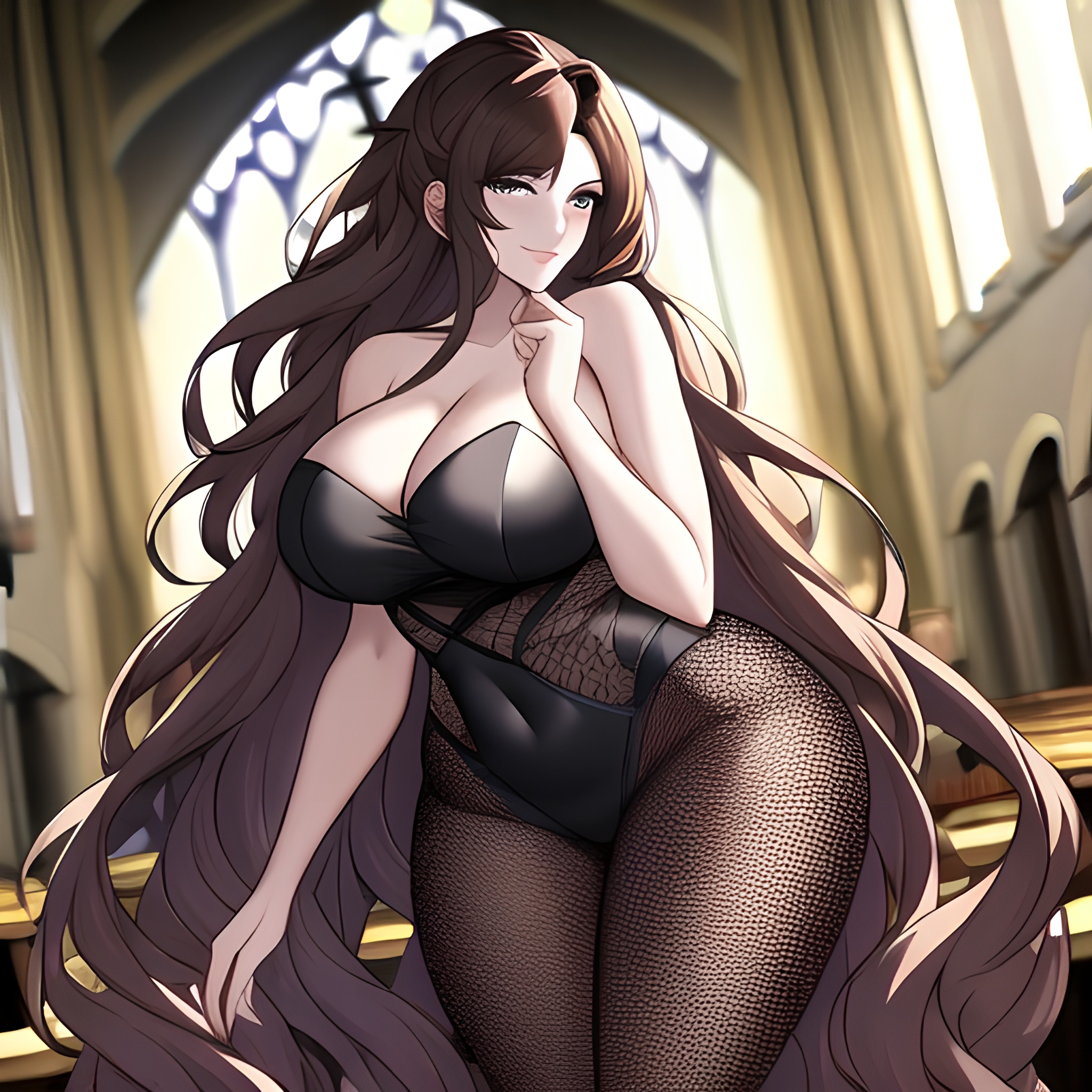 messy hair brunette church woman fishnet long hair