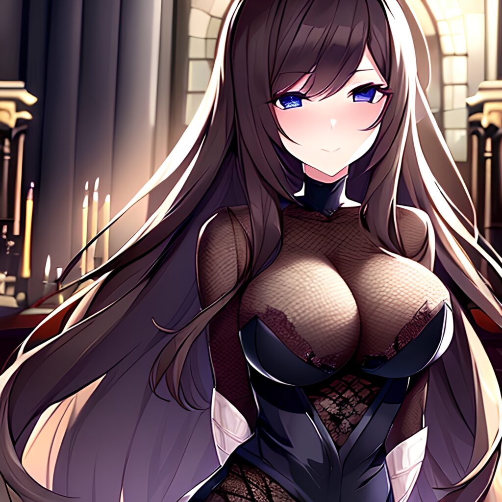 messy hair brunette church woman long hair fishnet 