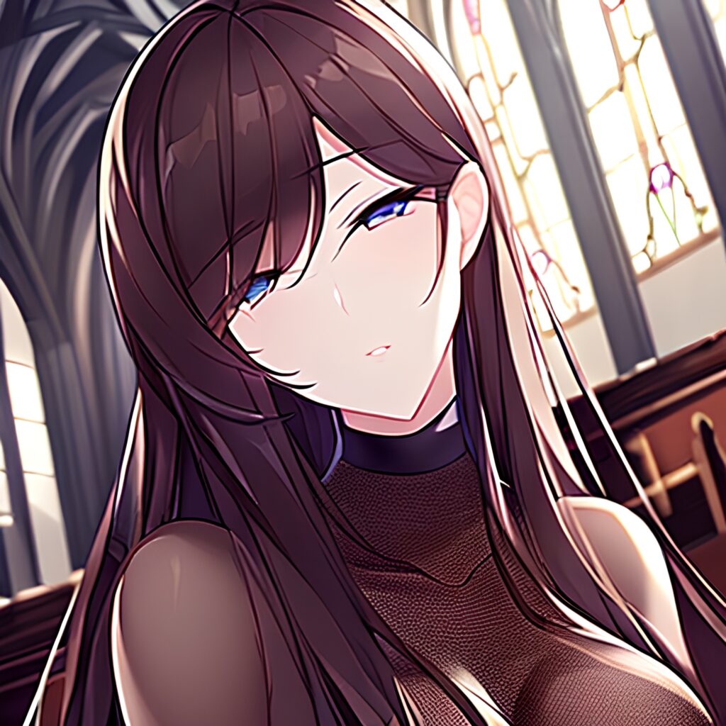 messy hair brunette church woman long hair fishnet 