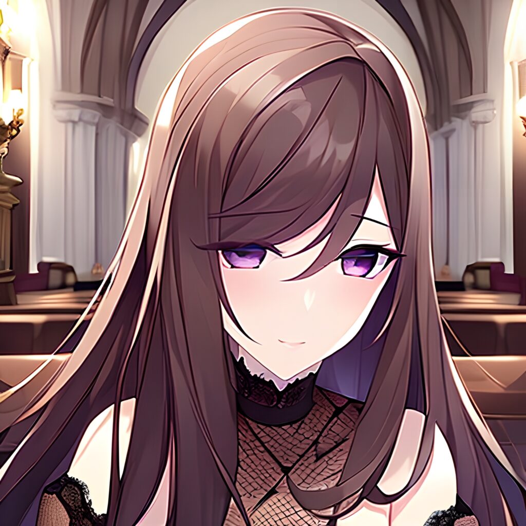 messy hair brunette church woman long hair fishnet 