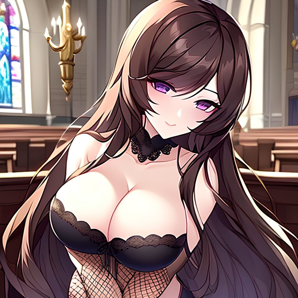 messy hair brunette church woman long hair fishnet 