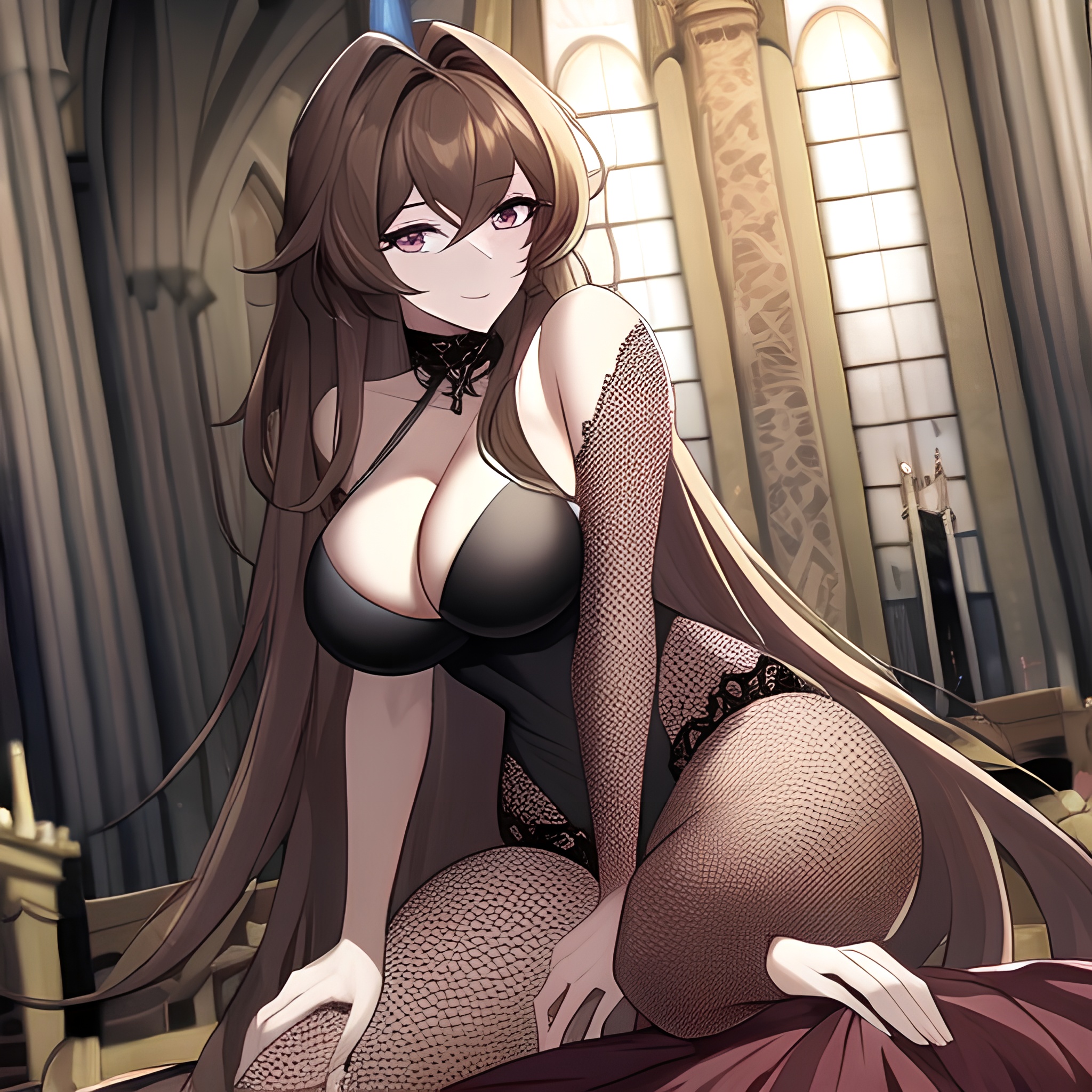 messy hair brunette church woman long hair fishnet 