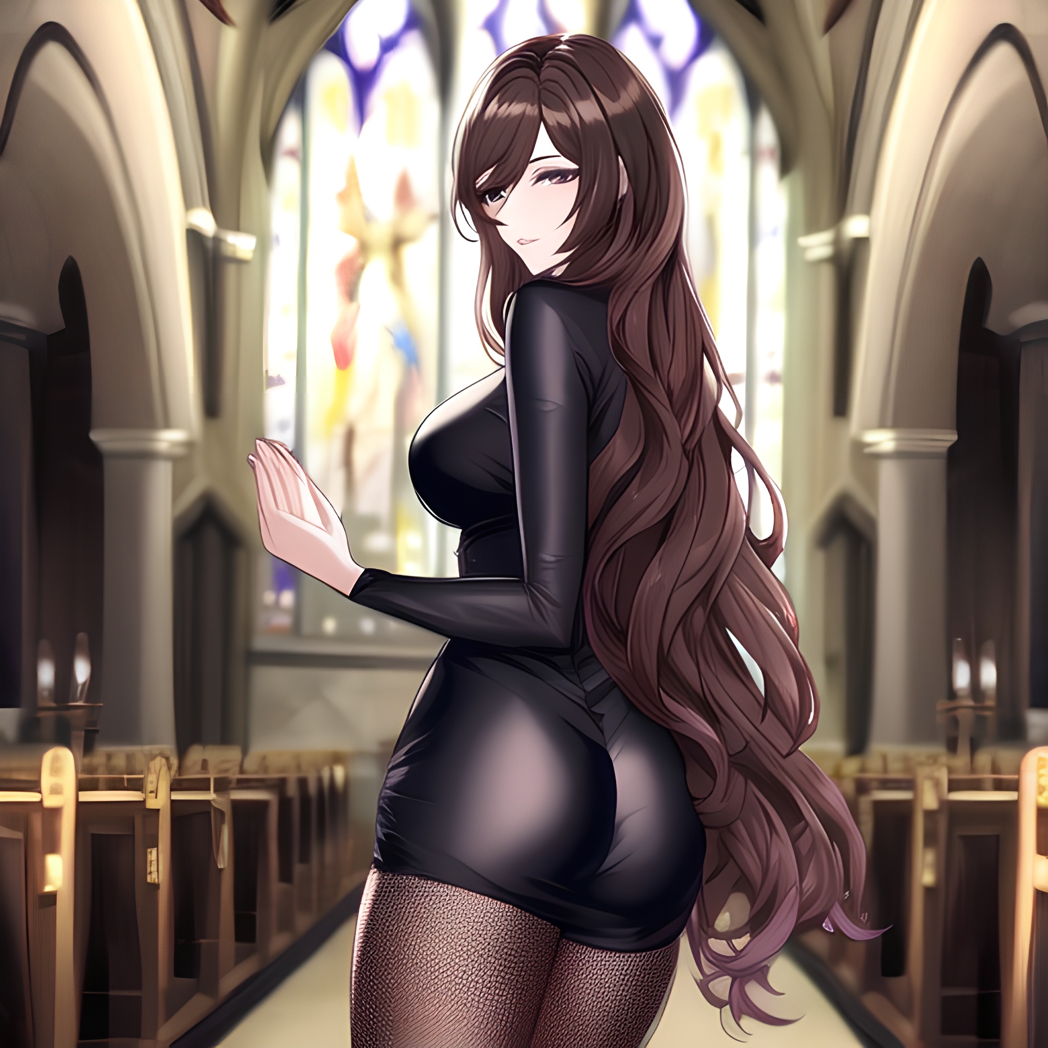 messy hair brunette fishnet church long hair woman 