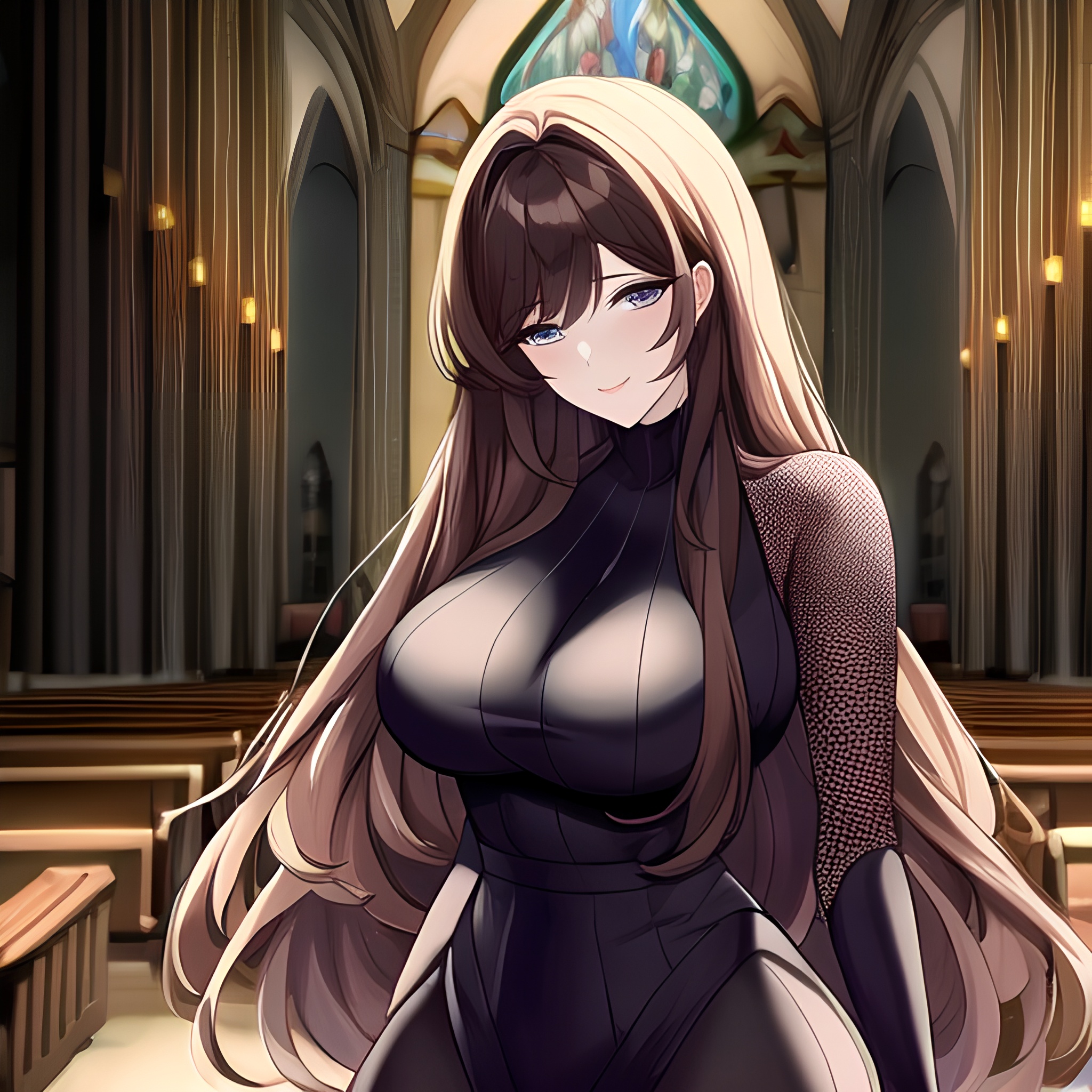 messy hair brunette fishnet church long hair woman 