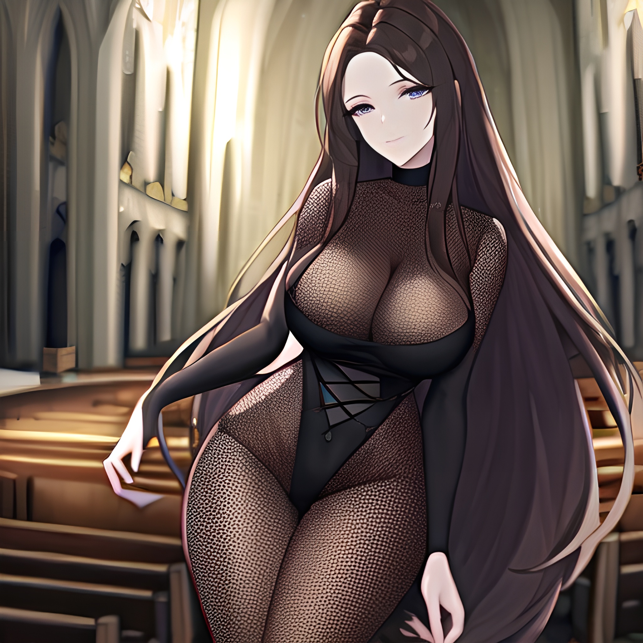messy hair brunette fishnet church long hair woman 