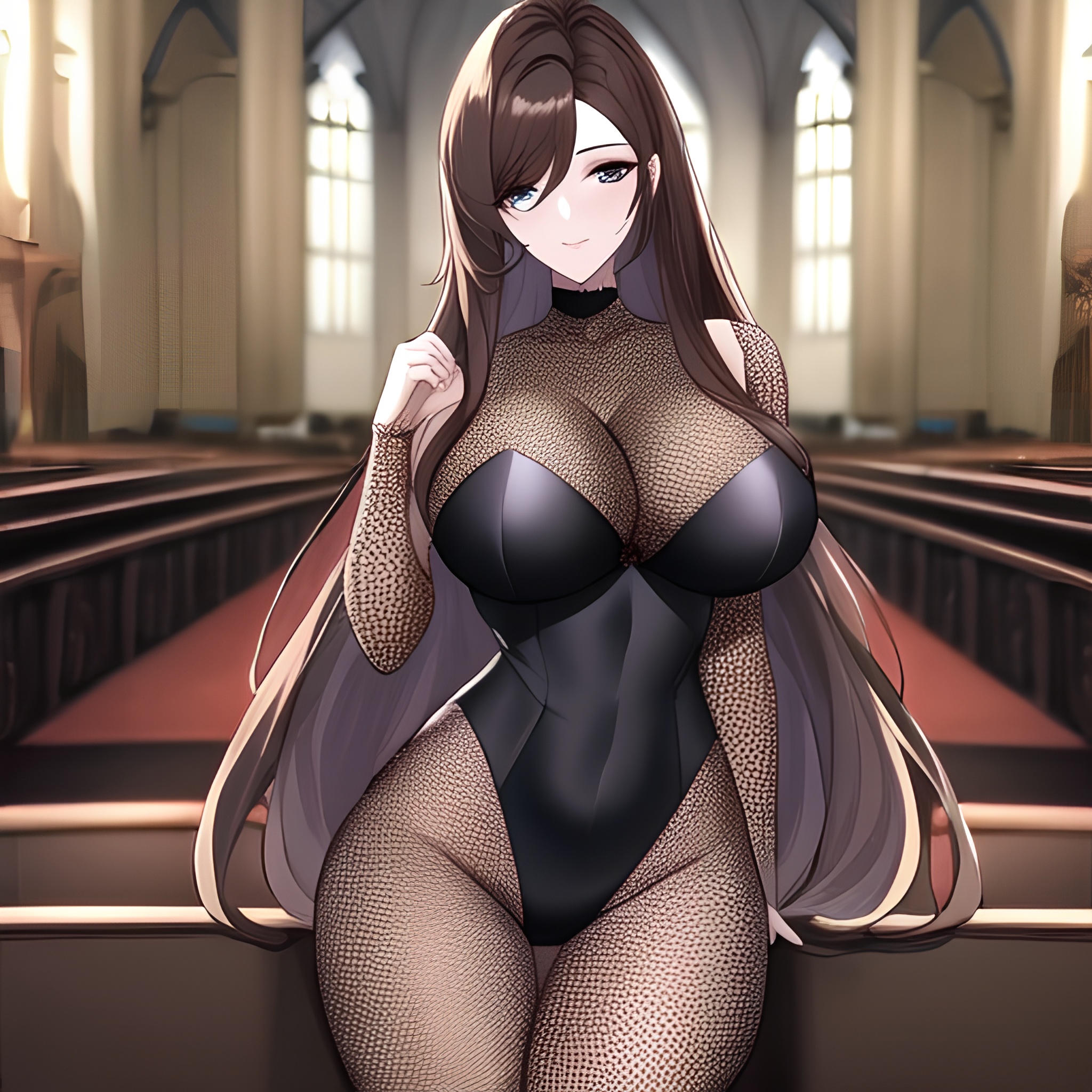 messy hair brunette fishnet church long hair woman 