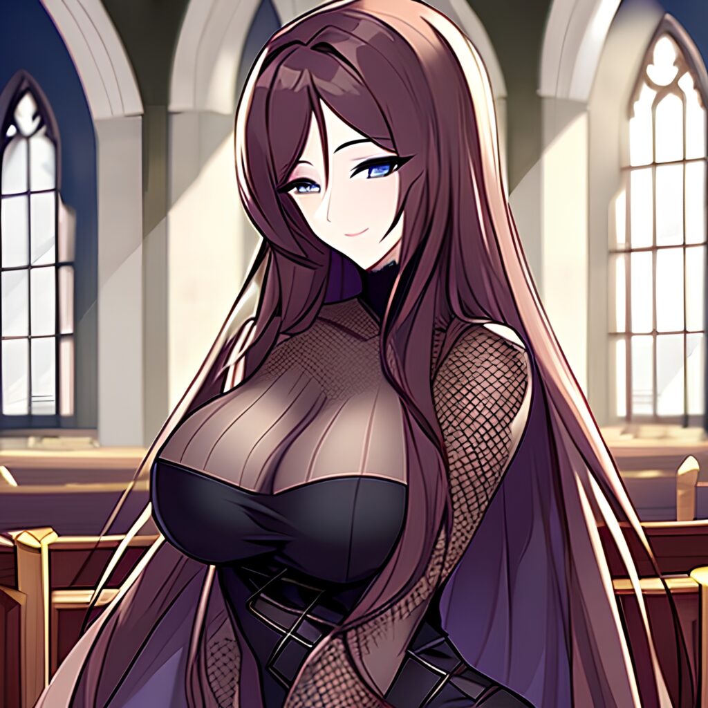 messy hair brunette fishnet church woman long hair 