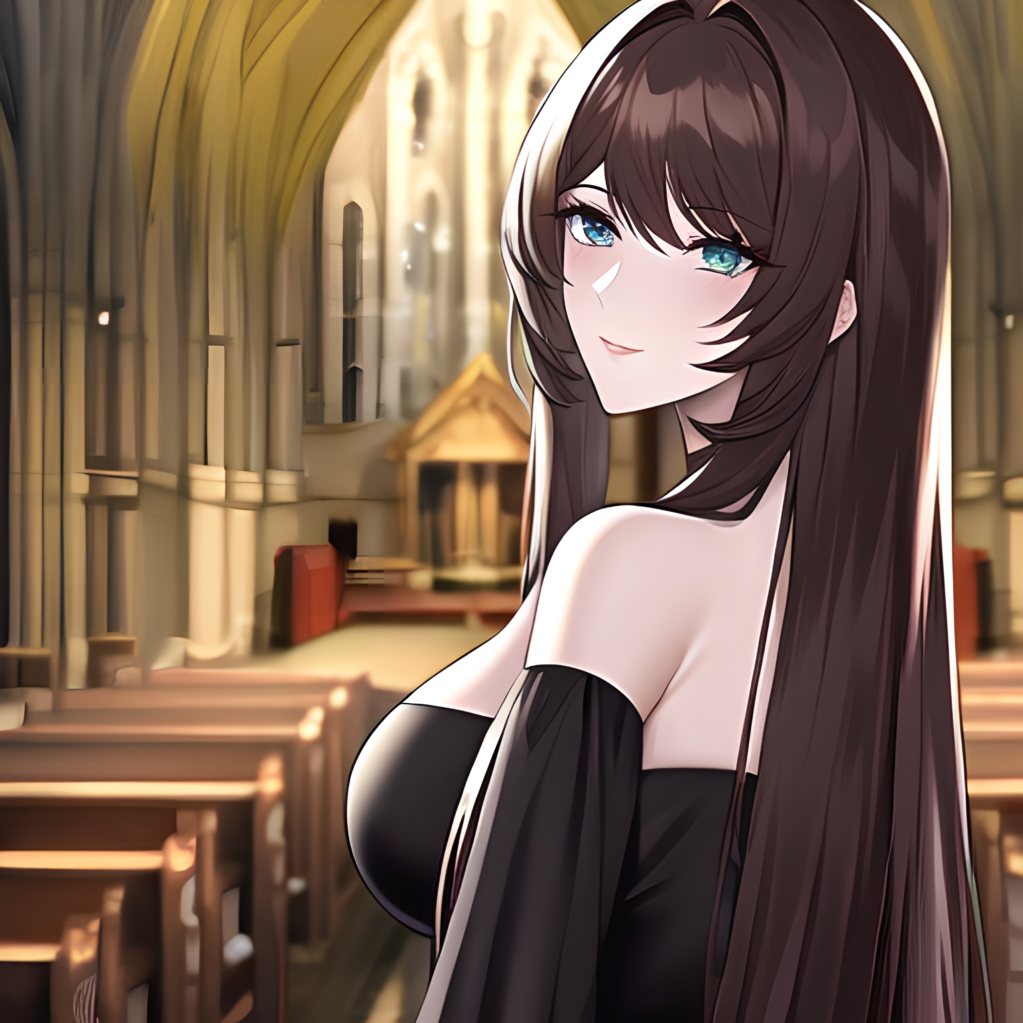 messy hair brunette fishnet church woman long hair 