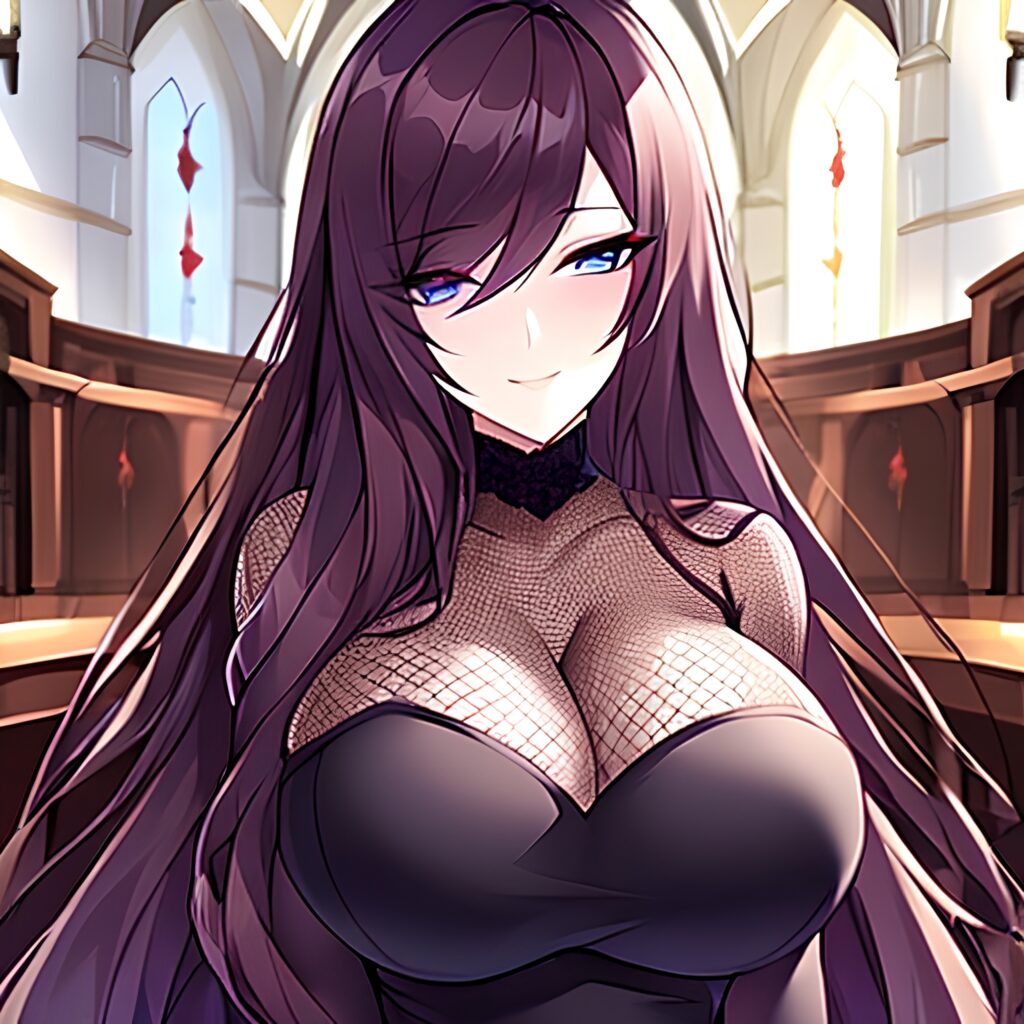 messy hair brunette fishnet church woman long hair 