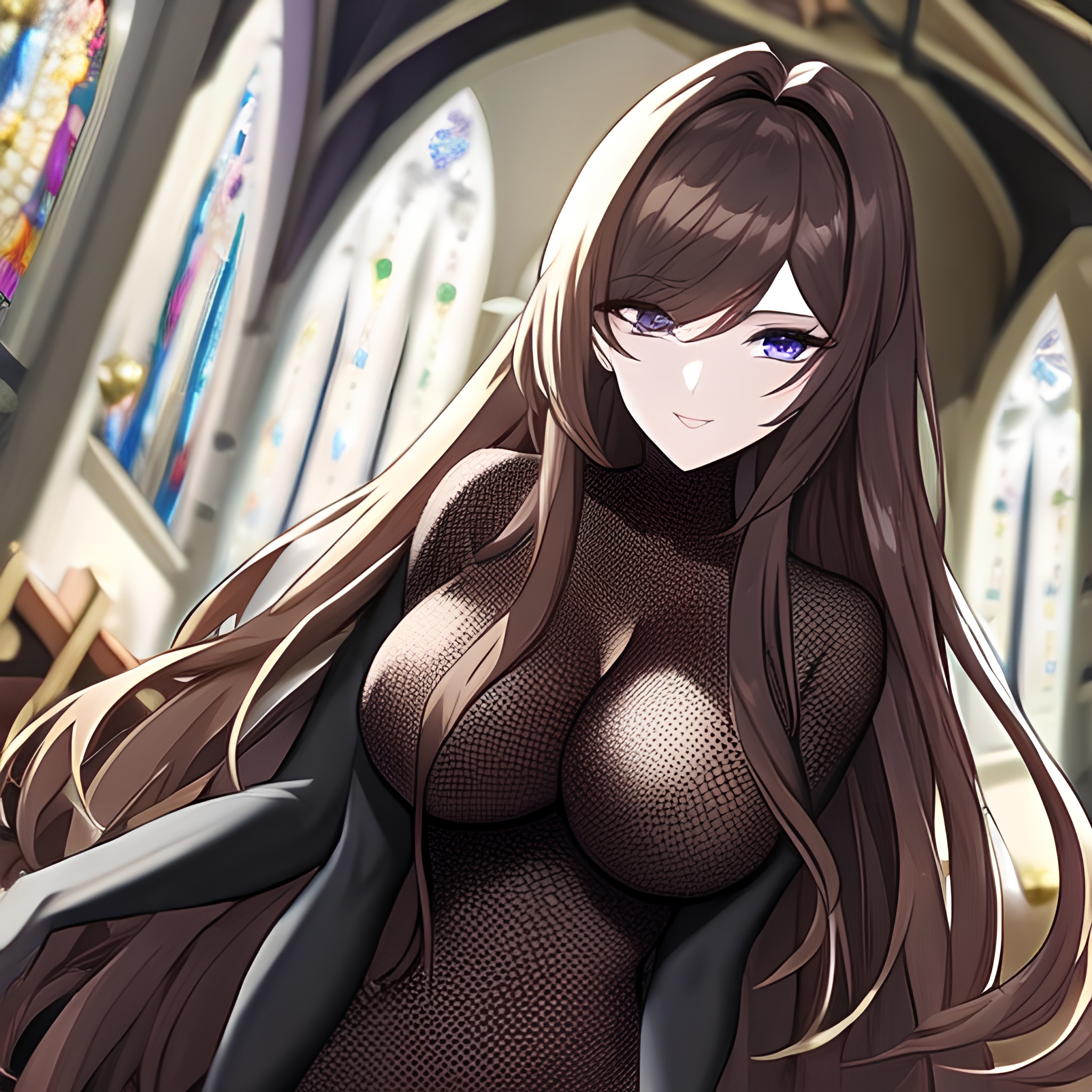 messy hair brunette fishnet church woman long hair 