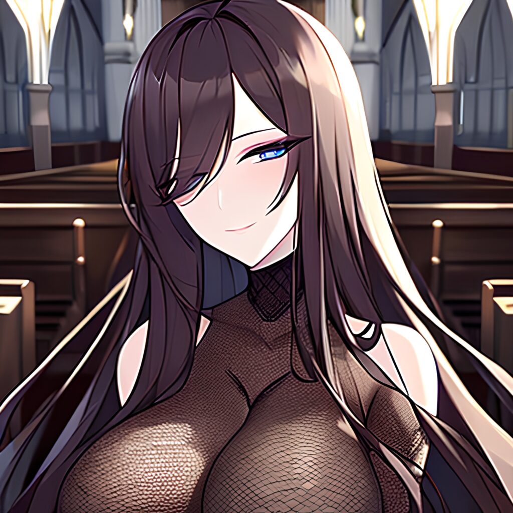 messy hair brunette fishnet church woman long hair 