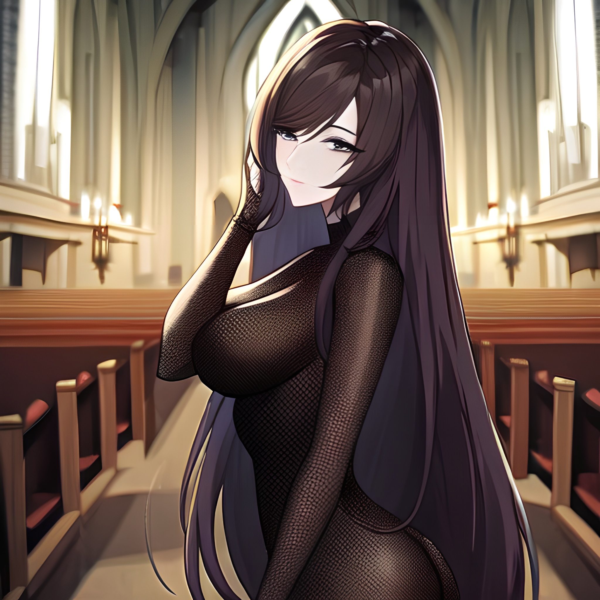 messy hair brunette fishnet long hair church woman 