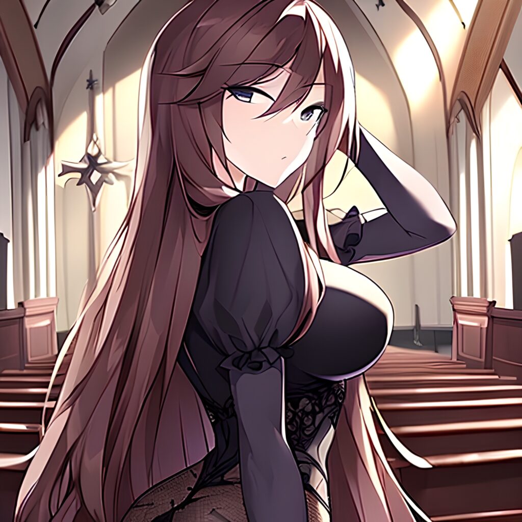 messy hair brunette fishnet long hair church woman 