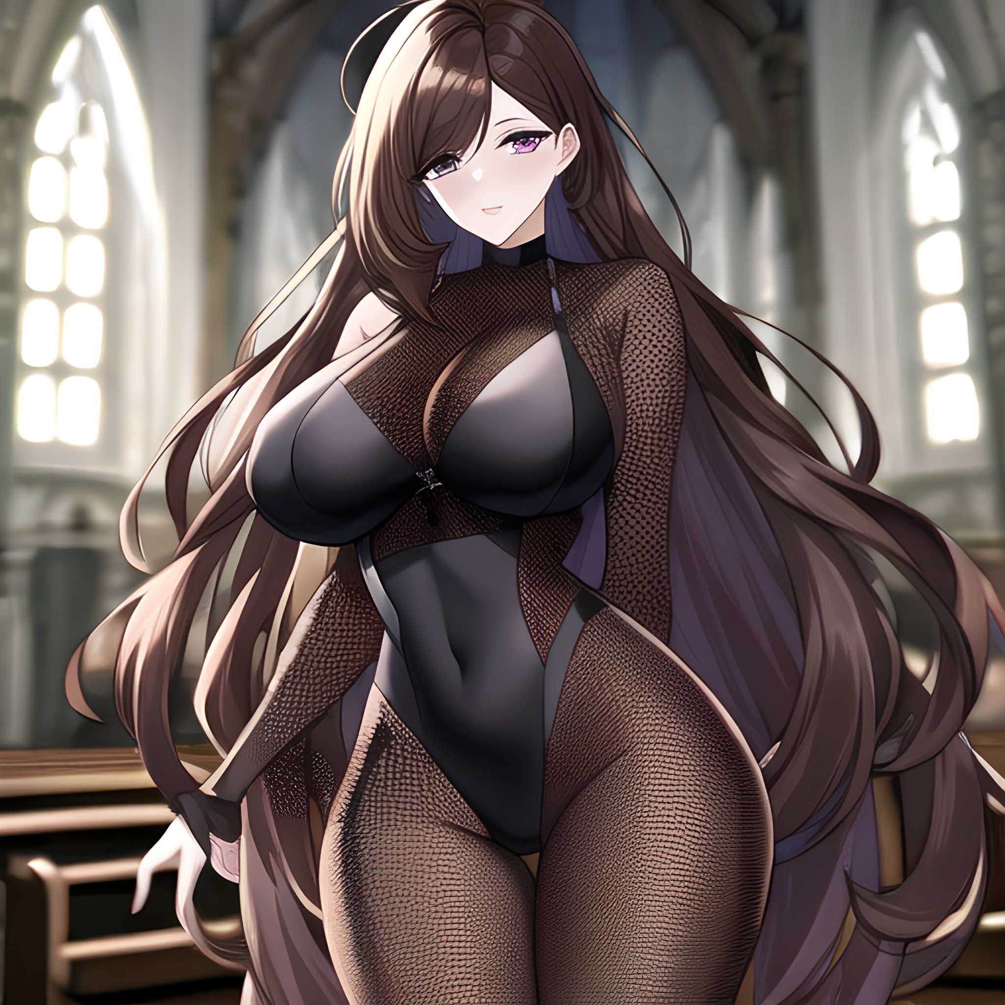 messy hair brunette fishnet long hair church woman 