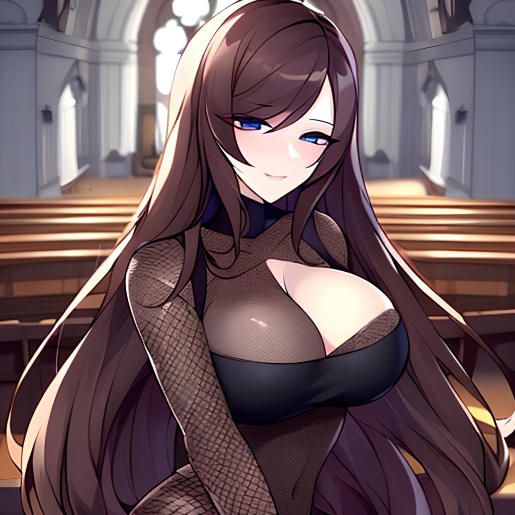 messy hair brunette fishnet long hair church woman 