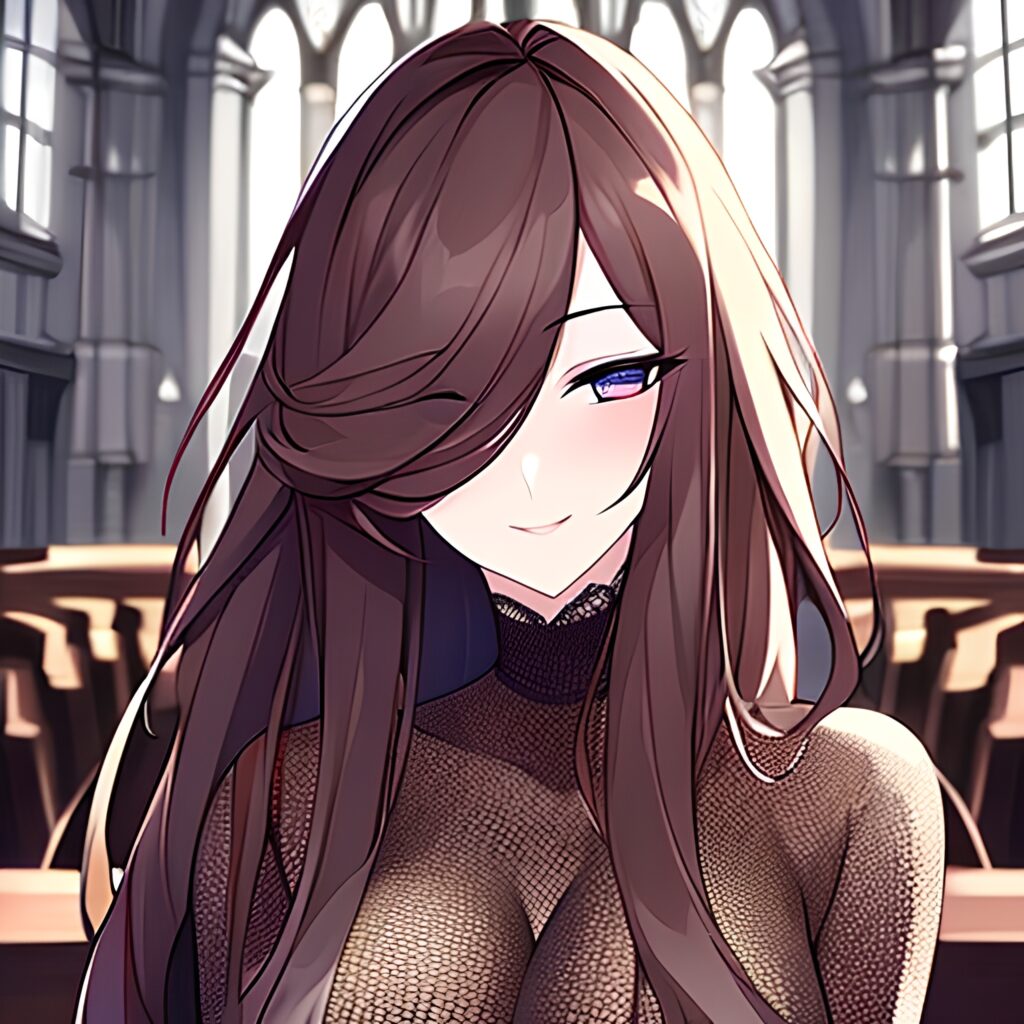 messy hair brunette fishnet long hair church woman 