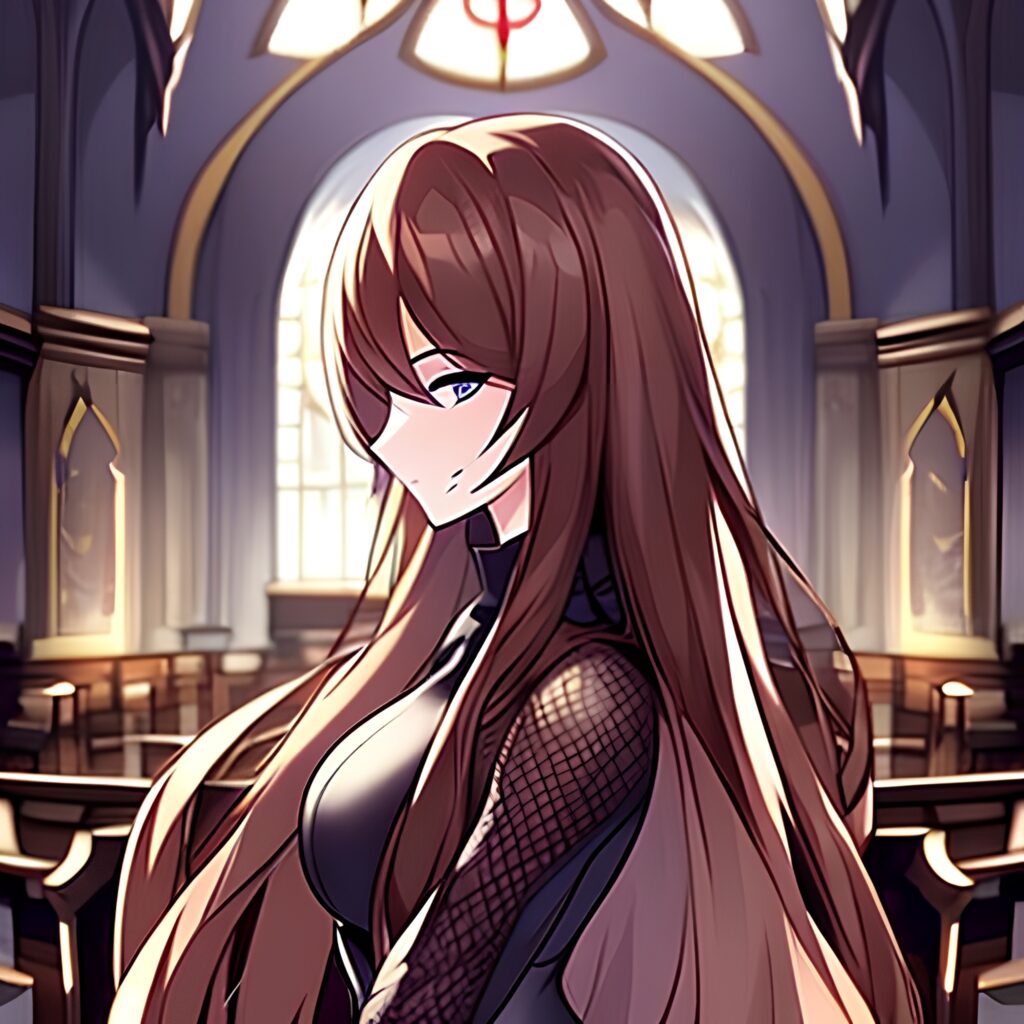 messy hair brunette fishnet long hair woman church 